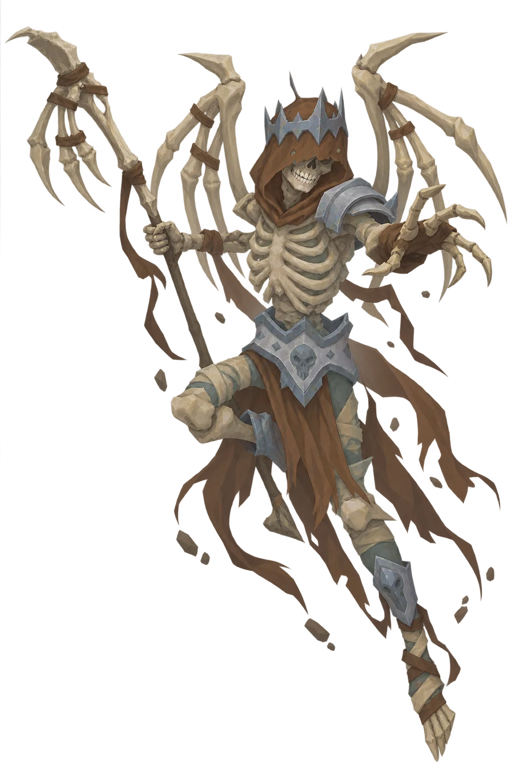 A crowned skeleton in a weathered hood, surrounded by hooked bones.