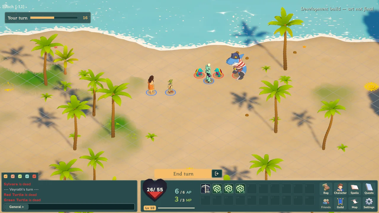 A turn-based fight on a beach: two characters face three turtles and a shark in a pirate hat, each standing in a coloured ring on the grid