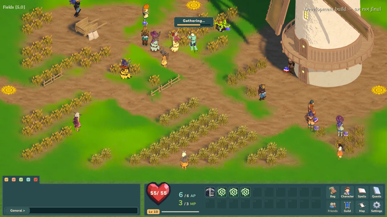Players harvesting rows of cereal in a field beside a windmill, one of them part-way through a gathering bar