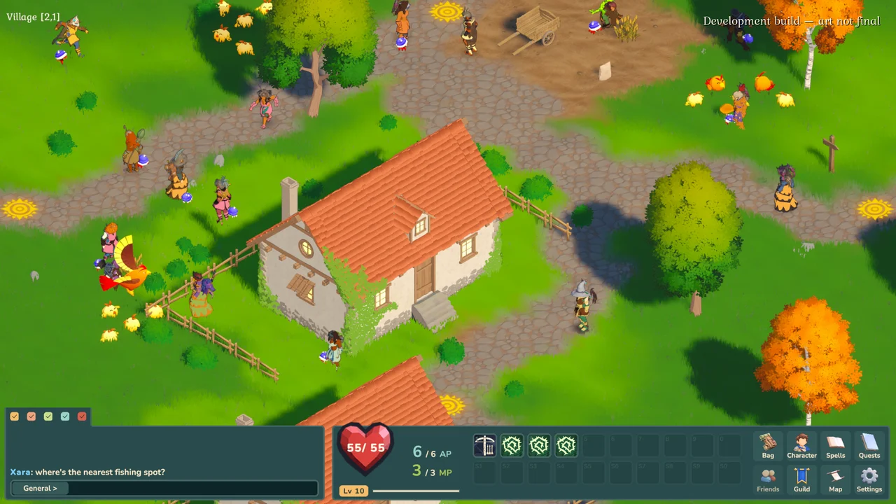 Players and chickens around a cottage on a village map, with the health, spell and menu bar below